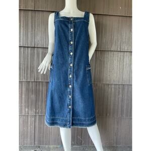 🔥Vintage Hi Jean Dark Wash Blue Button Down Frayed Pinafore Retro Denim Dress